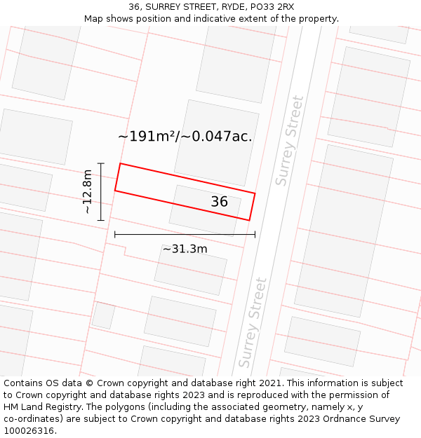 36, SURREY STREET, RYDE, PO33 2RX: Plot and title map