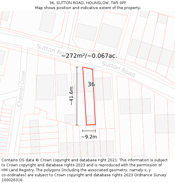 36, SUTTON ROAD, HOUNSLOW, TW5 0PF: Plot and title map