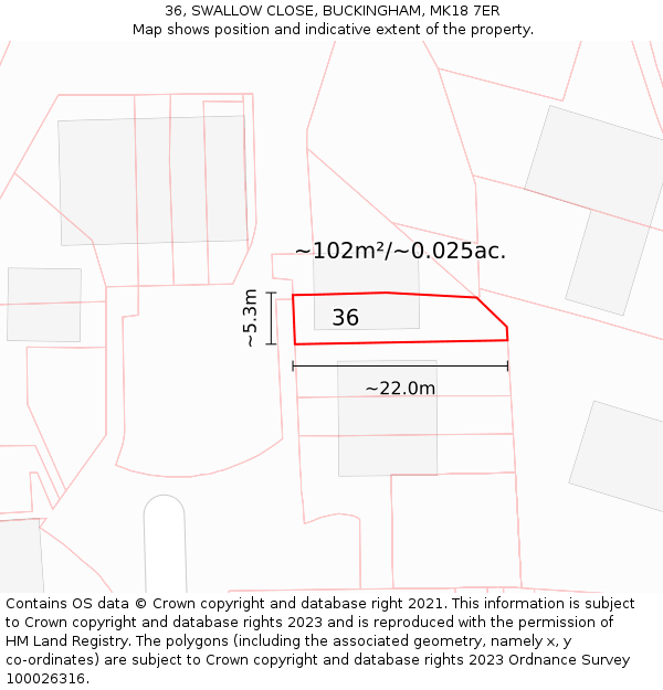 36, SWALLOW CLOSE, BUCKINGHAM, MK18 7ER: Plot and title map