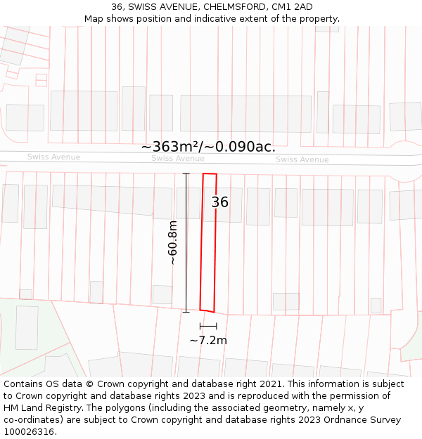 36, SWISS AVENUE, CHELMSFORD, CM1 2AD: Plot and title map