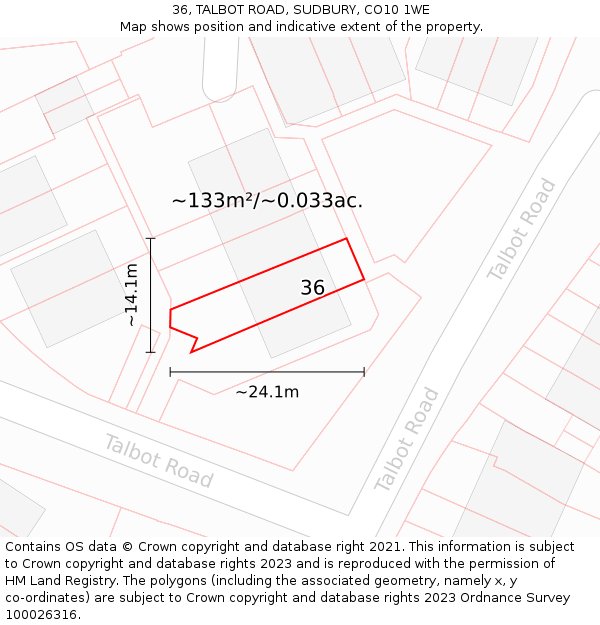 36, TALBOT ROAD, SUDBURY, CO10 1WE: Plot and title map