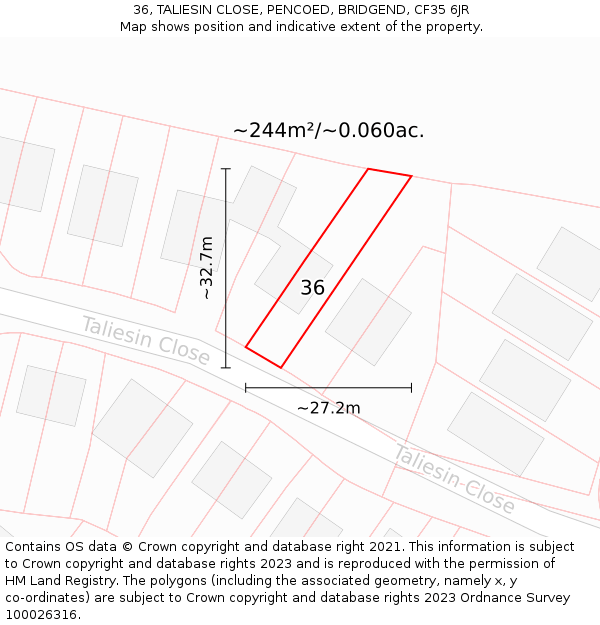 36, TALIESIN CLOSE, PENCOED, BRIDGEND, CF35 6JR: Plot and title map