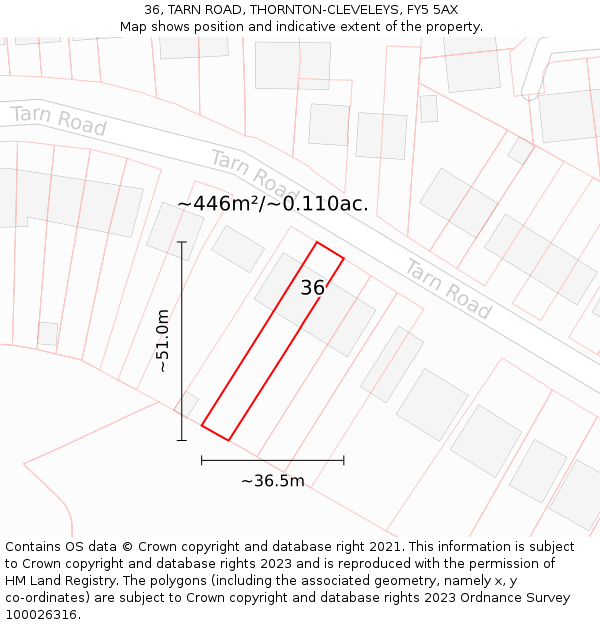 36, TARN ROAD, THORNTON-CLEVELEYS, FY5 5AX: Plot and title map