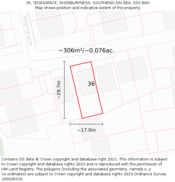 36, TEIGNGRACE, SHOEBURYNESS, SOUTHEND-ON-SEA, SS3 8AH: Plot and title map
