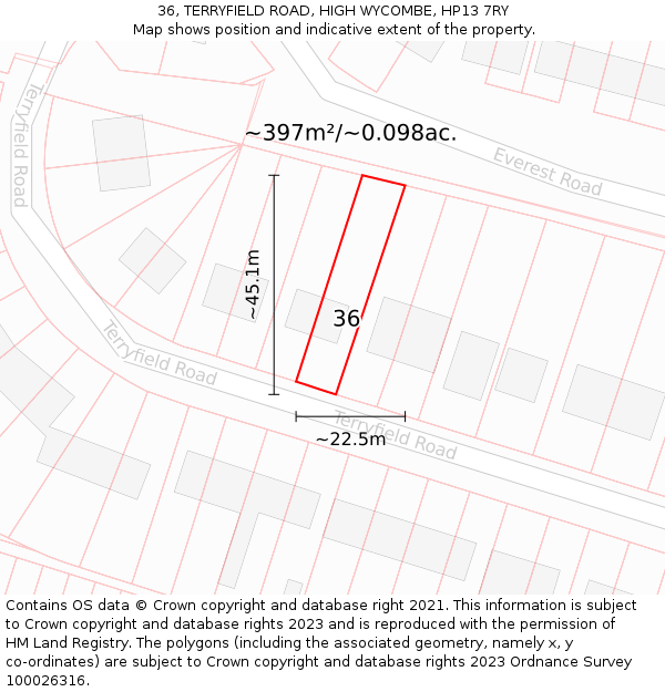 36, TERRYFIELD ROAD, HIGH WYCOMBE, HP13 7RY: Plot and title map