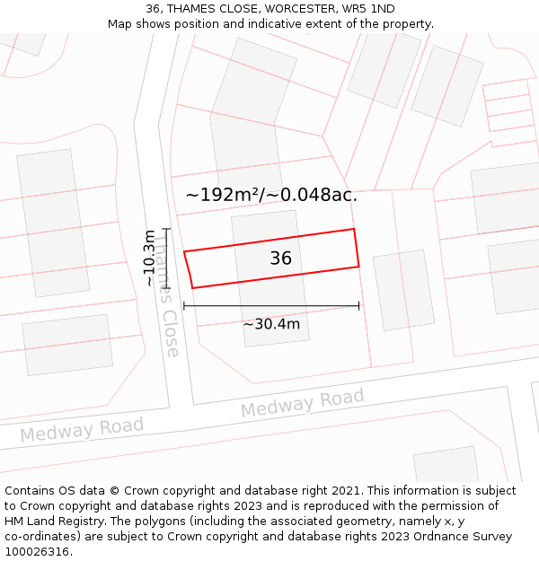 36, THAMES CLOSE, WORCESTER, WR5 1ND: Plot and title map