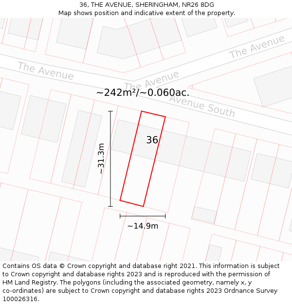 36, THE AVENUE, SHERINGHAM, NR26 8DG: Plot and title map