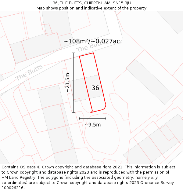 36, THE BUTTS, CHIPPENHAM, SN15 3JU: Plot and title map
