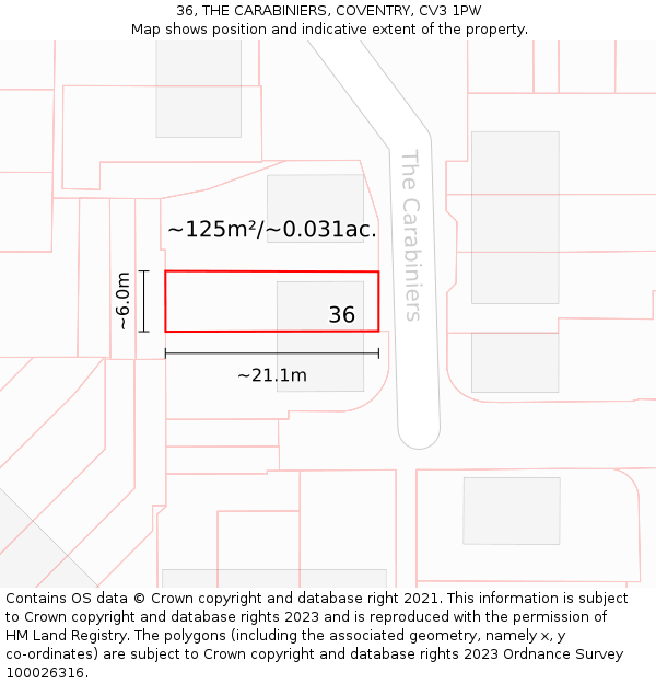 36, THE CARABINIERS, COVENTRY, CV3 1PW: Plot and title map