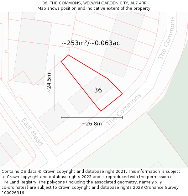 36, THE COMMONS, WELWYN GARDEN CITY, AL7 4RP: Plot and title map
