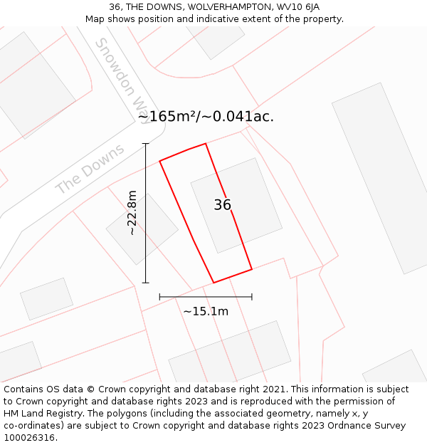 36, THE DOWNS, WOLVERHAMPTON, WV10 6JA: Plot and title map