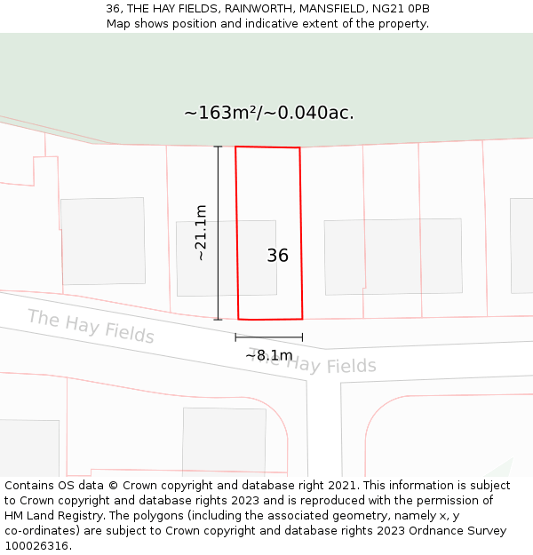 36, THE HAY FIELDS, RAINWORTH, MANSFIELD, NG21 0PB: Plot and title map