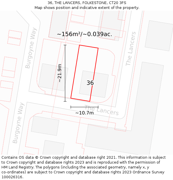 36, THE LANCERS, FOLKESTONE, CT20 3FS: Plot and title map