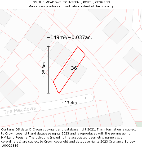 36, THE MEADOWS, TONYREFAIL, PORTH, CF39 8BS: Plot and title map