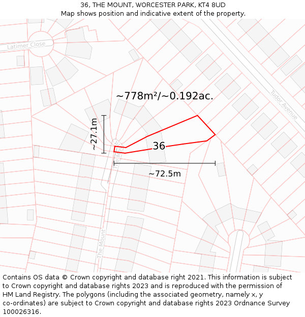 36, THE MOUNT, WORCESTER PARK, KT4 8UD: Plot and title map