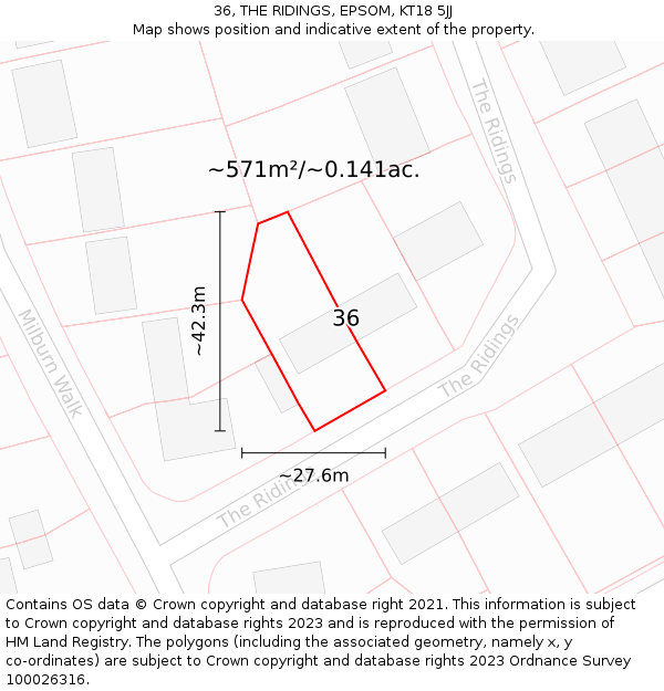 36, THE RIDINGS, EPSOM, KT18 5JJ: Plot and title map
