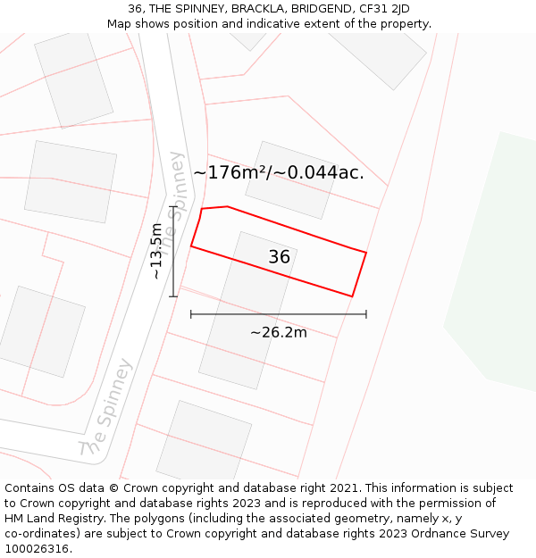 36, THE SPINNEY, BRACKLA, BRIDGEND, CF31 2JD: Plot and title map