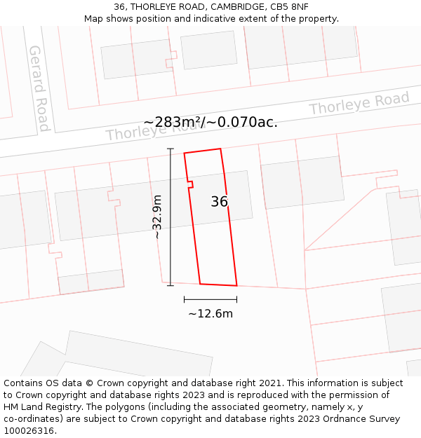 36, THORLEYE ROAD, CAMBRIDGE, CB5 8NF: Plot and title map