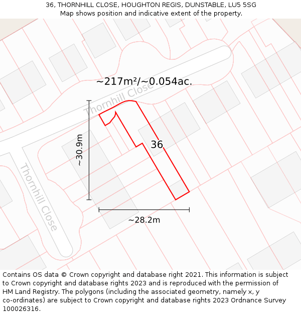 36, THORNHILL CLOSE, HOUGHTON REGIS, DUNSTABLE, LU5 5SG: Plot and title map