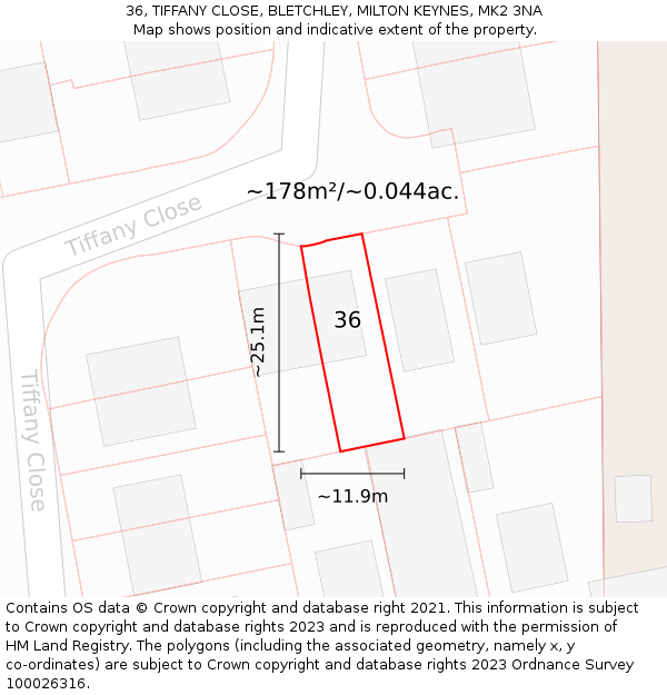 36, TIFFANY CLOSE, BLETCHLEY, MILTON KEYNES, MK2 3NA: Plot and title map