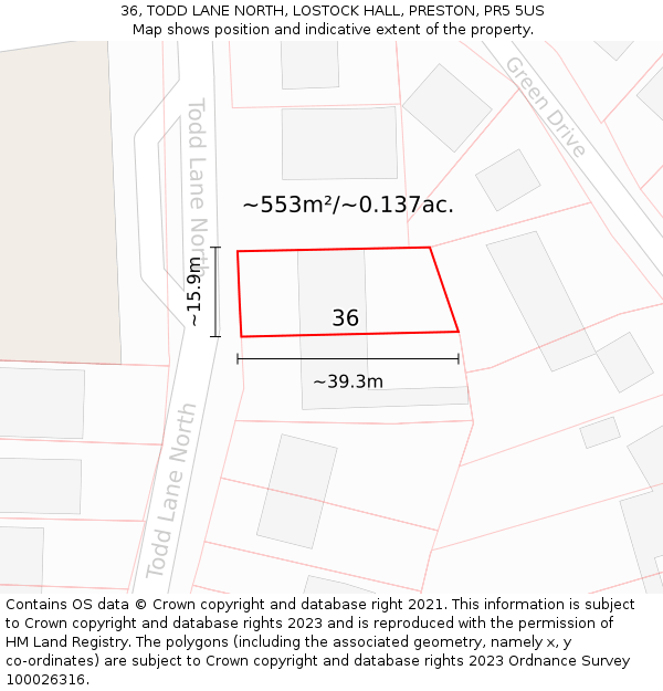36, TODD LANE NORTH, LOSTOCK HALL, PRESTON, PR5 5US: Plot and title map
