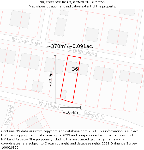 36, TORRIDGE ROAD, PLYMOUTH, PL7 2DQ: Plot and title map