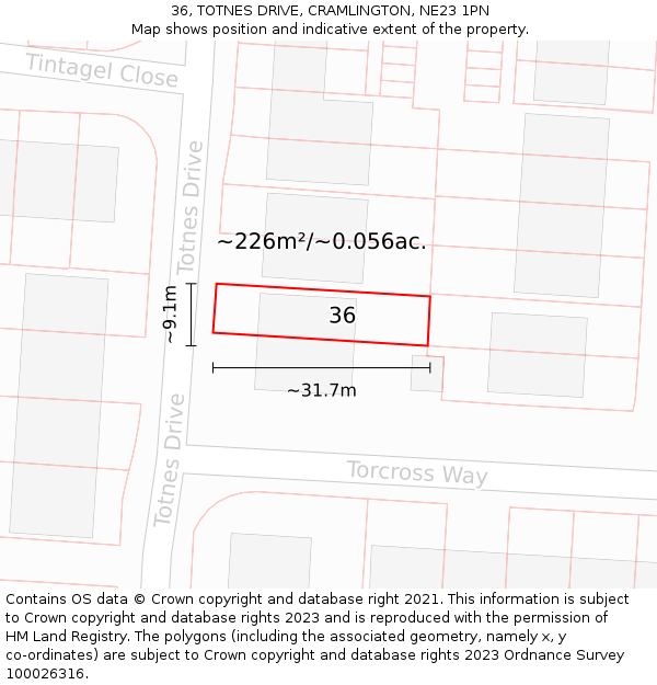 36, TOTNES DRIVE, CRAMLINGTON, NE23 1PN: Plot and title map
