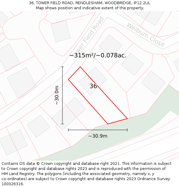 36, TOWER FIELD ROAD, RENDLESHAM, WOODBRIDGE, IP12 2UL: Plot and title map