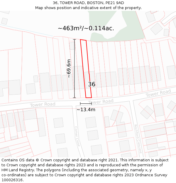 36, TOWER ROAD, BOSTON, PE21 9AD: Plot and title map