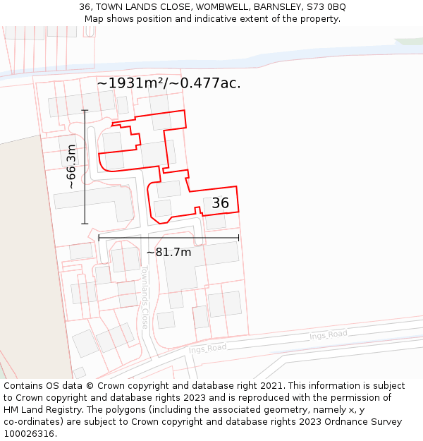 36, TOWN LANDS CLOSE, WOMBWELL, BARNSLEY, S73 0BQ: Plot and title map