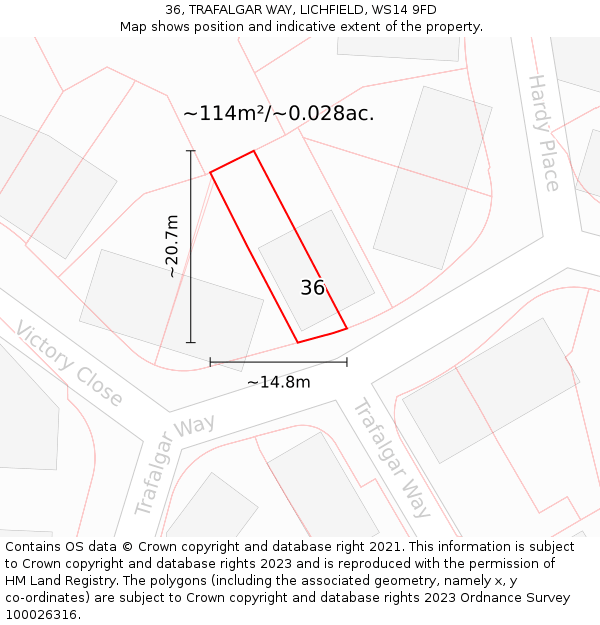 36, TRAFALGAR WAY, LICHFIELD, WS14 9FD: Plot and title map