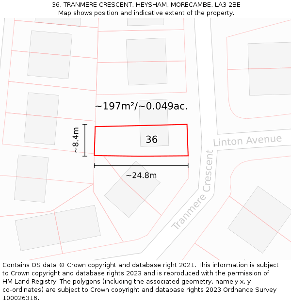36, TRANMERE CRESCENT, HEYSHAM, MORECAMBE, LA3 2BE: Plot and title map