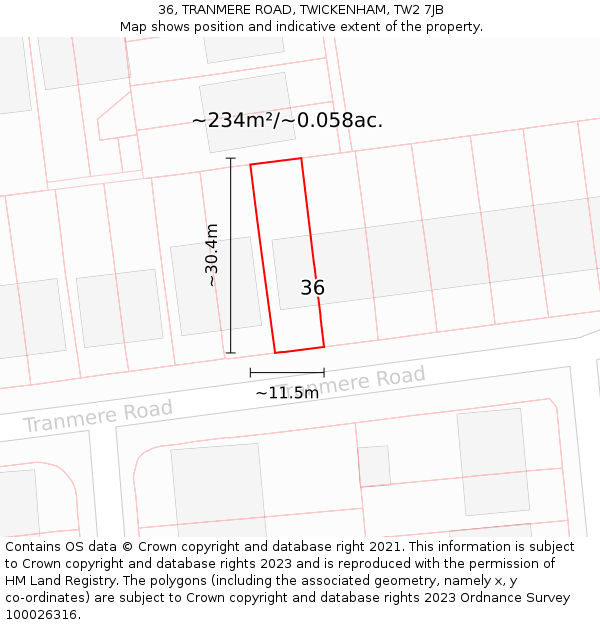 36, TRANMERE ROAD, TWICKENHAM, TW2 7JB: Plot and title map