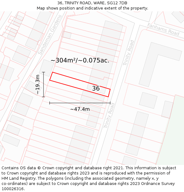 36, TRINITY ROAD, WARE, SG12 7DB: Plot and title map