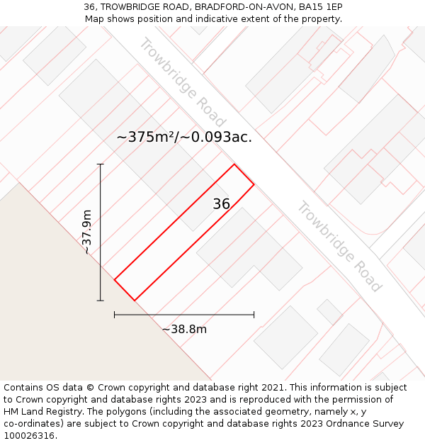 36, TROWBRIDGE ROAD, BRADFORD-ON-AVON, BA15 1EP: Plot and title map