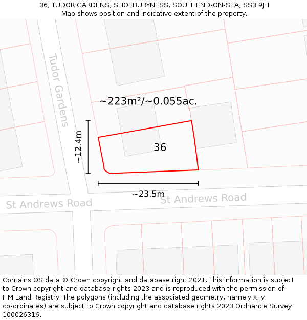 36, TUDOR GARDENS, SHOEBURYNESS, SOUTHEND-ON-SEA, SS3 9JH: Plot and title map