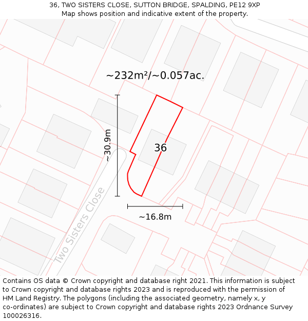 36, TWO SISTERS CLOSE, SUTTON BRIDGE, SPALDING, PE12 9XP: Plot and title map