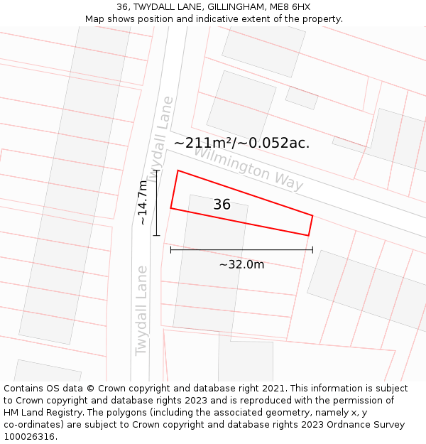 36, TWYDALL LANE, GILLINGHAM, ME8 6HX: Plot and title map