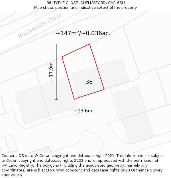 36, TYTHE CLOSE, CHELMSFORD, CM1 6SU: Plot and title map