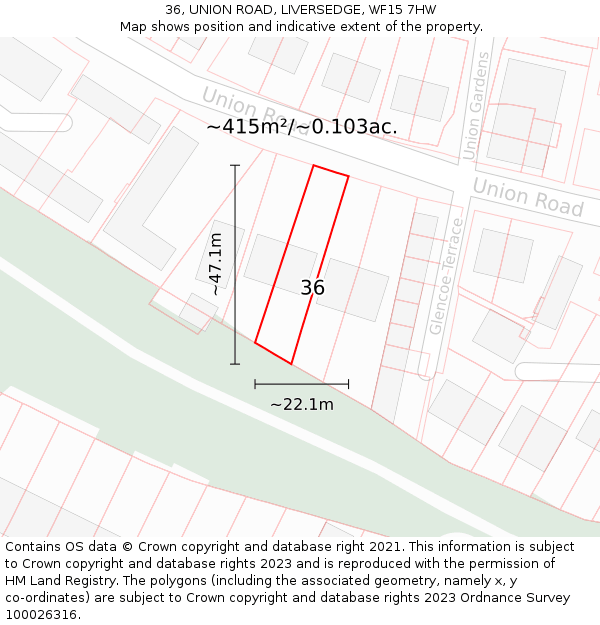 36, UNION ROAD, LIVERSEDGE, WF15 7HW: Plot and title map