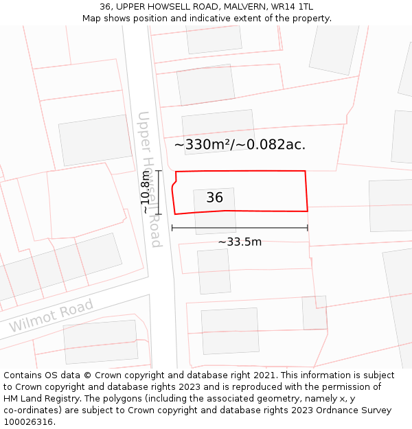 36, UPPER HOWSELL ROAD, MALVERN, WR14 1TL: Plot and title map