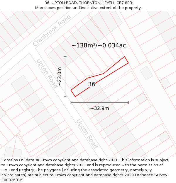 36, UPTON ROAD, THORNTON HEATH, CR7 8PR: Plot and title map