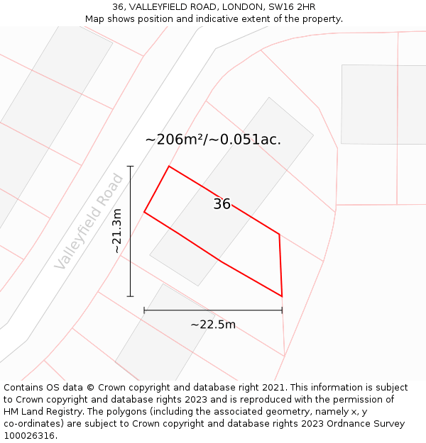 36, VALLEYFIELD ROAD, LONDON, SW16 2HR: Plot and title map