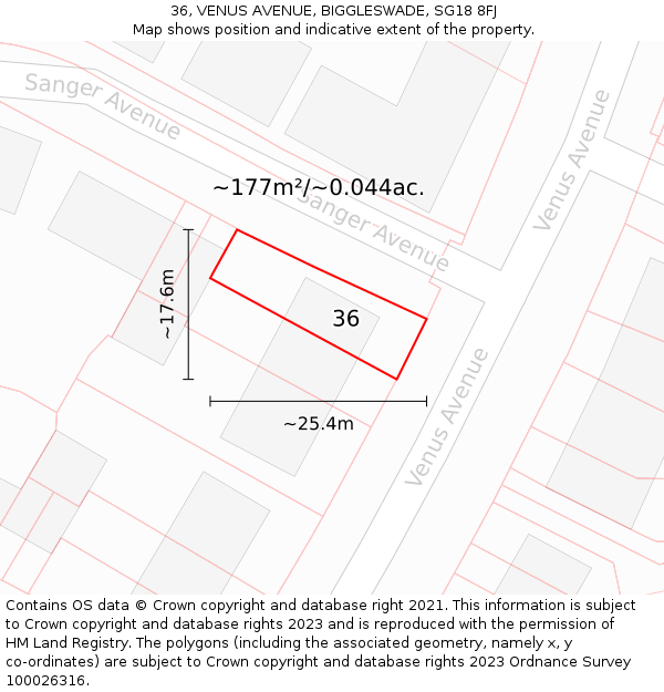 36, VENUS AVENUE, BIGGLESWADE, SG18 8FJ: Plot and title map