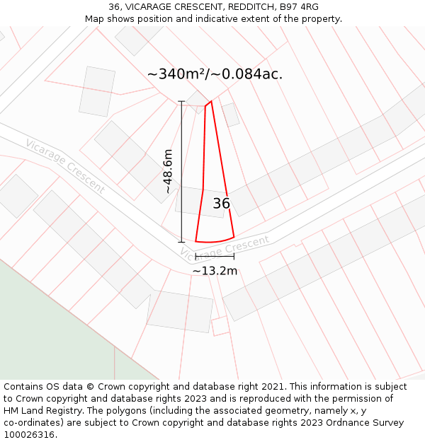 36, VICARAGE CRESCENT, REDDITCH, B97 4RG: Plot and title map