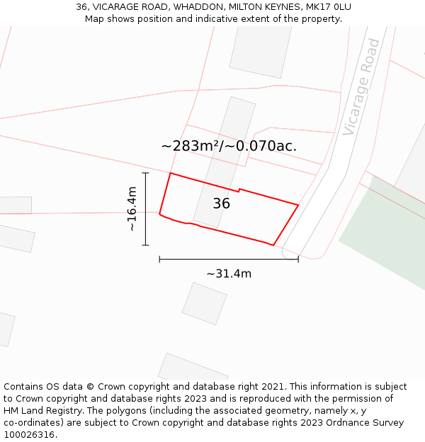 36, VICARAGE ROAD, WHADDON, MILTON KEYNES, MK17 0LU: Plot and title map