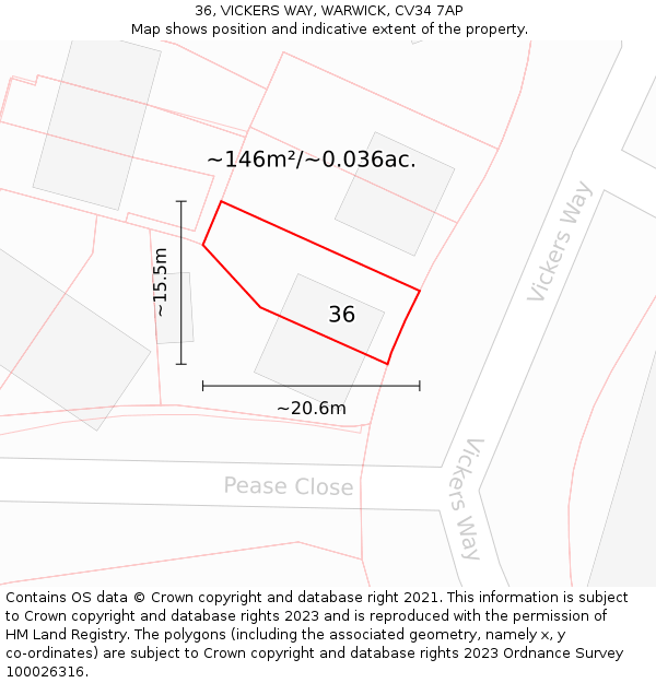 36, VICKERS WAY, WARWICK, CV34 7AP: Plot and title map