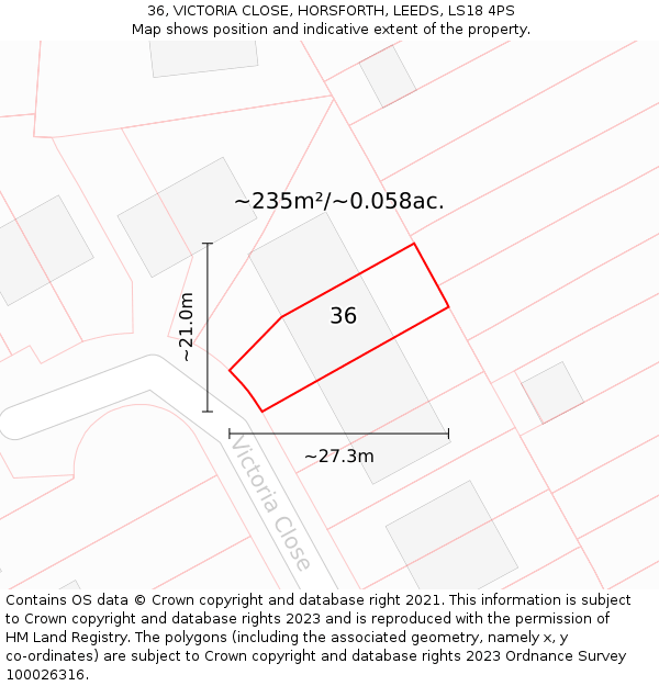 36, VICTORIA CLOSE, HORSFORTH, LEEDS, LS18 4PS: Plot and title map