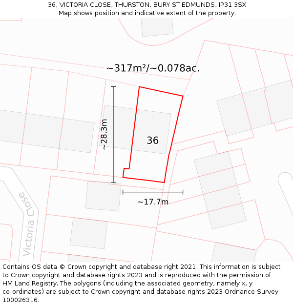 36, VICTORIA CLOSE, THURSTON, BURY ST EDMUNDS, IP31 3SX: Plot and title map