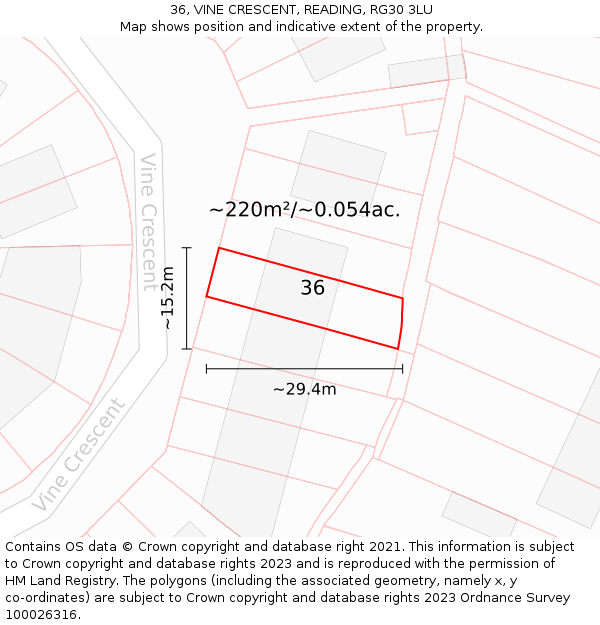 36, VINE CRESCENT, READING, RG30 3LU: Plot and title map